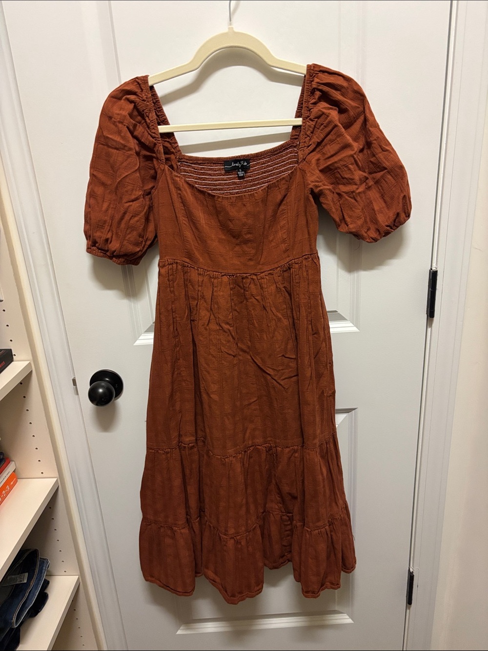 Lovely Day Rust Puff-Sleeve Tiered Midi Dress